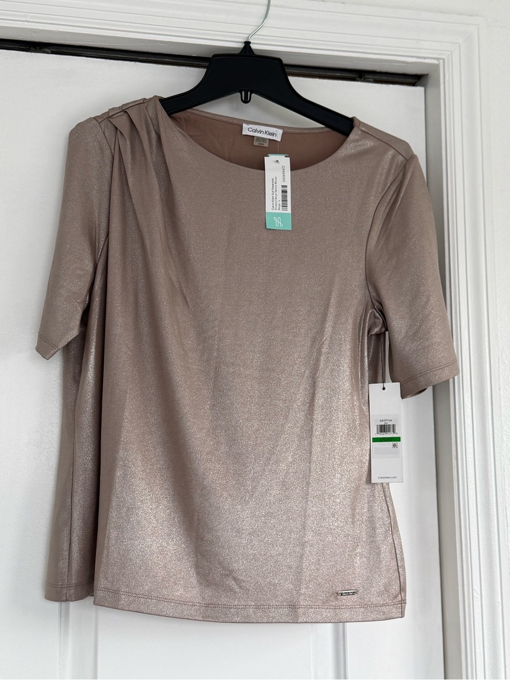 Calvin Klein Metallic Taupe Shimmer Short-Sleeve Blouse